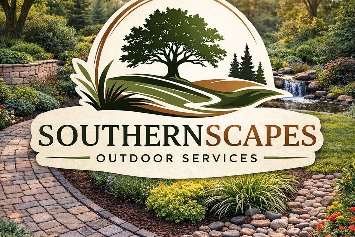 SouthernScapes crest over a lush landscaped garden with pavers, stone, and mature greenery